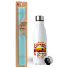 Easter Set, metallic stainless steel water bottle (750ml) & aromatic flat Easter candle (30cm) (TURQUOISE)