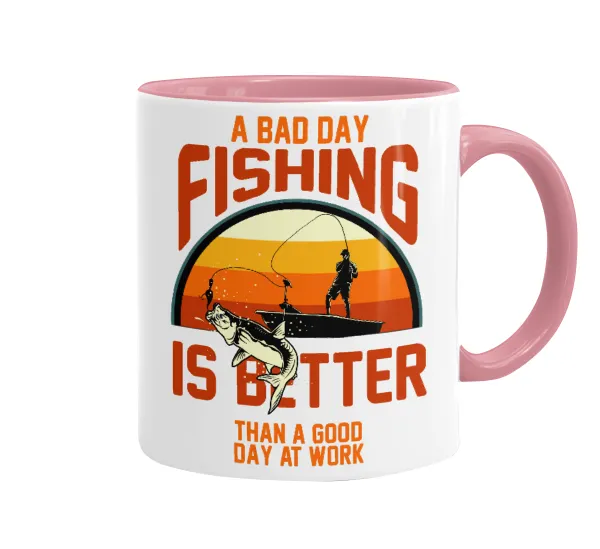 A bad day FISHING is better than a good day at work — Mug colored pink, ceramic, 330ml