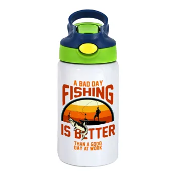 A bad day FISHING is better than a good day at work, Children's hot water bottle, stainless steel, with safety straw, green, blue (350ml)