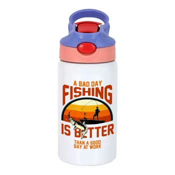 A bad day FISHING is better than a good day at work, Παιδικό παγούρι θερμό, ανοξείδωτο, με καλαμάκι ασφαλείας, ροζ/μωβ (350ml)