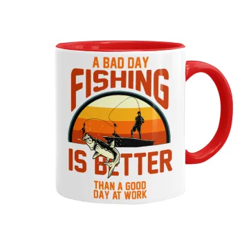 A bad day FISHING is better than a good day at work, Κούπα χρωματιστή κόκκινη, κεραμική, 330ml