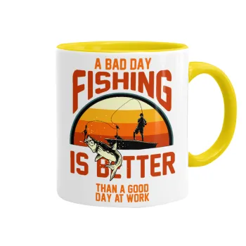 A bad day FISHING is better than a good day at work, Κούπα χρωματιστή κίτρινη, κεραμική, 330ml