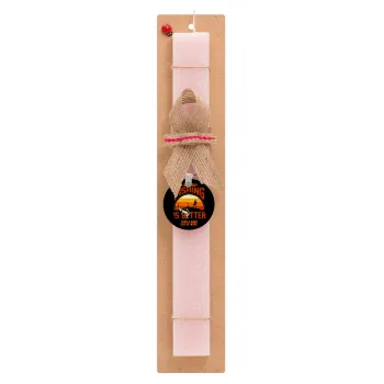 A bad day FISHING is better than a good day at work, Easter Set, wooden keychain & scented flat Easter candle (30cm) (PINK)