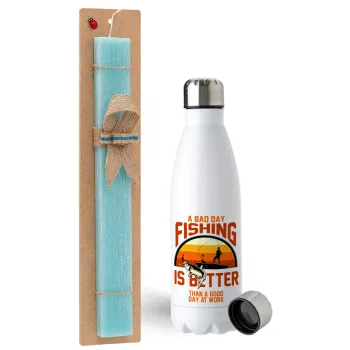 A bad day FISHING is better than a good day at work, Easter Set, metallic stainless steel water bottle (750ml) & aromatic flat Easter candle (30cm) (TURQUOISE)