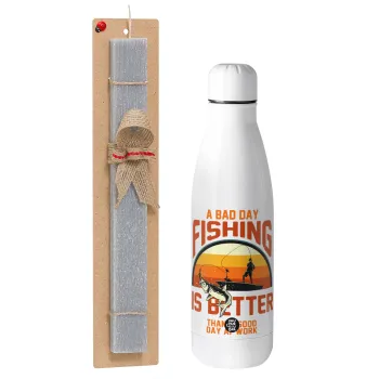 A bad day FISHING is better than a good day at work, Easter Set, metallic stainless thermos bottle (500ml) & scented flat Easter candle (30cm) (GRAY)