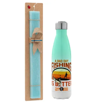 A bad day FISHING is better than a good day at work, Easter Set, Metallic green/white thermos (Stainless steel), double-walled, 500ml & scented flat Easter candle (30cm) (TURQUOISE)