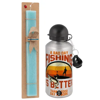 A bad day FISHING is better than a good day at work, Easter Set, metallic silver aluminum water bottle (500ml) & scented flat Easter candle (30cm) (TURQUOISE)