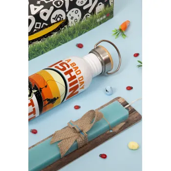A bad day FISHING is better than a good day at work, Easter Set, SS Metallic water bottle (620ml, stainless steel) & scented flat Easter candle (30cm) (TURQUOISE)