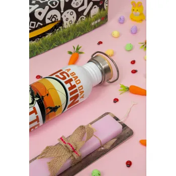A bad day FISHING is better than a good day at work, Easter Set, SS Metallic water bottle (620ml, stainless steel) & scented flat Easter candle (30cm) (PINK)