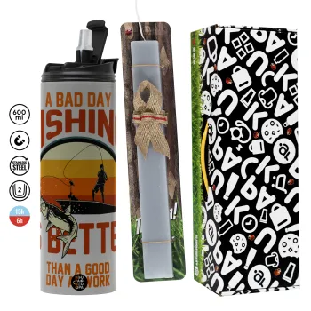 A bad day FISHING is better than a good day at work, Πασχαλινή Λαμπάδα με Travel Tumbler θερμό (600ml, BPA free) & κερί αρωματικό πλακέ (30cm) (ΓΚΡΙ)