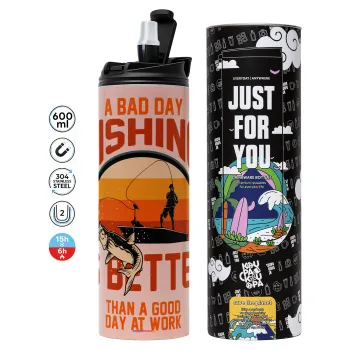 A bad day FISHING is better than a good day at work, Tumbler ποτήρι θερμό ΡΟΖ από ανοξείδωτο ατσάλι 600ml