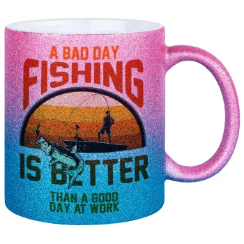 A bad day FISHING is better than a good day at work, Κούπα Χρυσή/Μπλε Glitter, κεραμική, 330ml