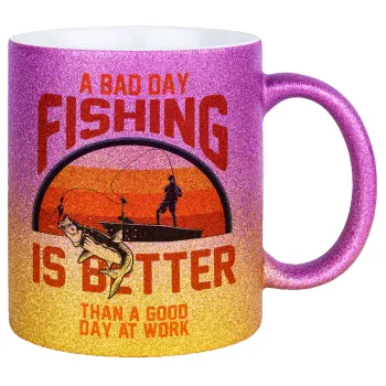 A bad day FISHING is better than a good day at work, Κούπα Χρυσή/Ροζ Glitter, κεραμική, 330ml