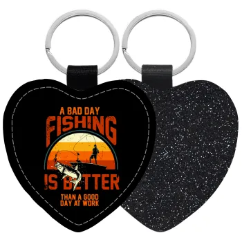 A bad day FISHING is better than a good day at work, Μπρελόκ PU δερμάτινο glitter καρδιά ΜΑΥΡΟ