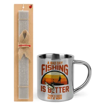 A bad day FISHING is better than a good day at work, Easter Set, metallic thermal cup (300ml) & Easter aromatic flat candle (30cm) (GRAY)