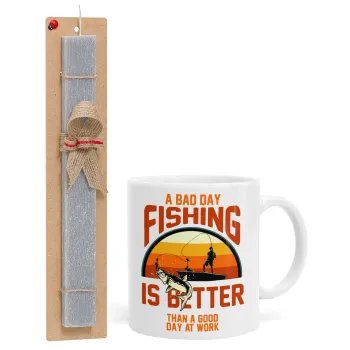 A bad day FISHING is better than a good day at work, Πασχαλινή Λαμπάδα με Κούπα κεραμική (330ml) & κερί αρωματικό πλακέ (30cm) (ΓΚΡΙ)