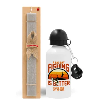 A bad day FISHING is better than a good day at work, Easter Set, metallic aluminum water bottle (500ml) & aromatic flat Easter candle (30cm) (GRAY)