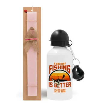 A bad day FISHING is better than a good day at work, Easter Set, metallic aluminum bottle (500ml) & aromatic flat Easter candle (30cm) (PINK)