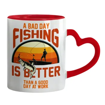 A bad day FISHING is better than a good day at work, Κούπα καρδιά χερούλι κόκκινη, κεραμική, 330ml