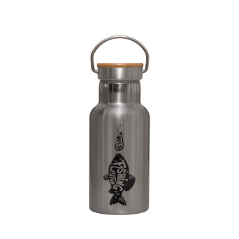 Fishing is fun, Stainless steel metallic thermos flask, silver with a bamboo lid, double-walled, 350ml.