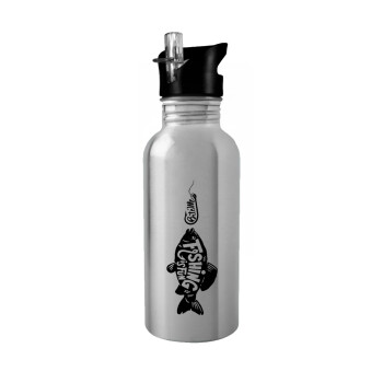 Fishing is fun, Water bottle Silver with straw, stainless steel 600ml