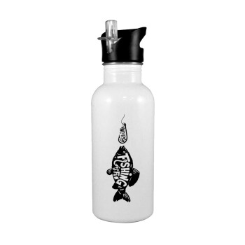 Fishing is fun, White water bottle with straw, stainless steel 600ml