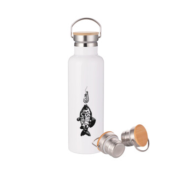Fishing is fun, Stainless steel White with wooden lid (bamboo), double wall, 750ml