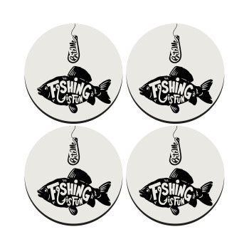 Fishing is fun, SET of 4 round wooden coasters (9cm)