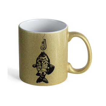Fishing is fun, Κούπα Χρυσή Glitter που γυαλίζει, κεραμική, 330ml
