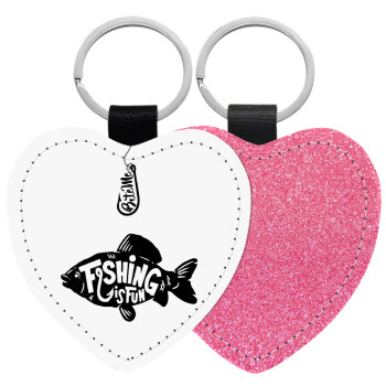 Fishing is fun, Μπρελόκ PU δερμάτινο glitter καρδιά ΡΟΖ
