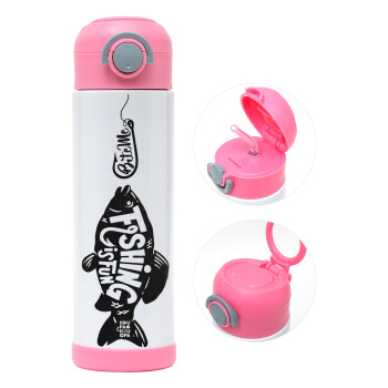 Fishing is fun, Children's hot water bottle, stainless steel, with safety straw, PINK (500ml)