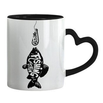 Fishing is fun, Mug heart black handle, ceramic, 330ml