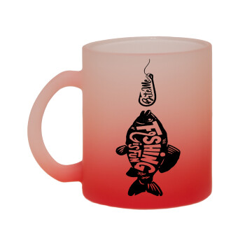 Fishing is fun, Κούπα γυάλινη δίχρωμη με βάση το κόκκινο ματ, 330ml