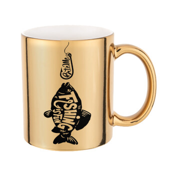 Fishing is fun, Mug ceramic, gold mirror, 330ml