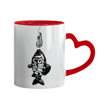 Fishing is fun, Mug heart red handle, ceramic, 330ml