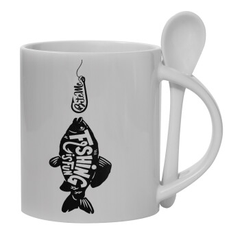 Fishing is fun, Ceramic coffee mug with Spoon, 330ml (1pcs)