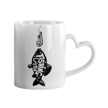 Fishing is fun, Mug heart handle, ceramic, 330ml