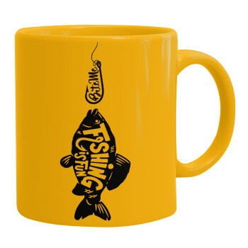 Fishing is fun, Ceramic coffee mug yellow, 330ml (1pcs)