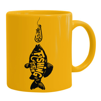 Fishing is fun, Ceramic coffee mug yellow, 330ml