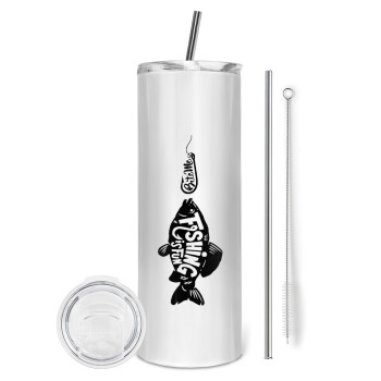 Fishing is fun, Eco friendly stainless steel tumbler 600ml, with metal straw & cleaning brush