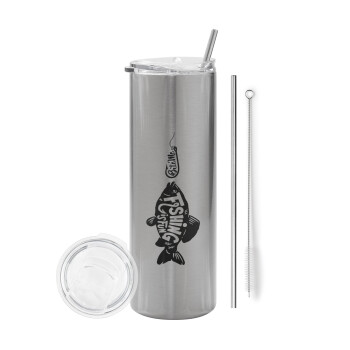 Fishing is fun, Tumbler ποτήρι θερμό Ασημένιο από ανοξείδωτο ατσάλι 600ml, με μεταλλικό καλαμάκι & βούρτσα καθαρισμού
