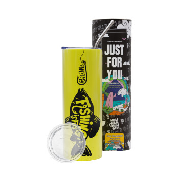 Fishing is fun, Neon Yellow Travel Tumbler θερμό, μεταλλικό καλαμάκι(Ανωξείδωτο 304 Food grade, BPA free, 600ml)