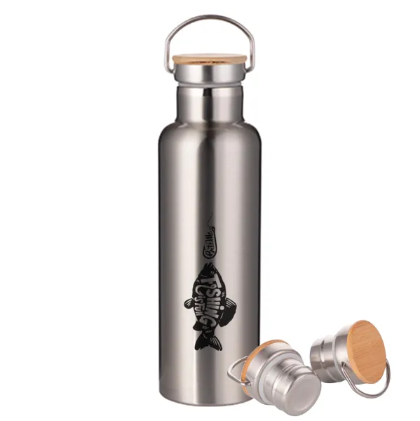 Fishing is fun — Stainless steel Silver with wooden lid (bamboo), double wall, 750ml