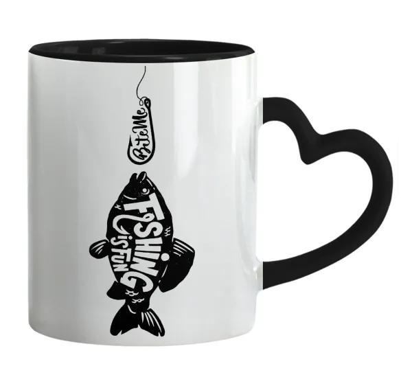 Fishing is fun — Mug heart black handle, ceramic, 330ml
