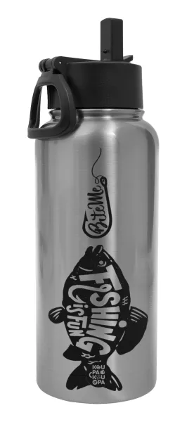Fishing is fun — Metal mug thermo Silver with Straw and Spout Lid (Stainless steel), double wall, 950ml