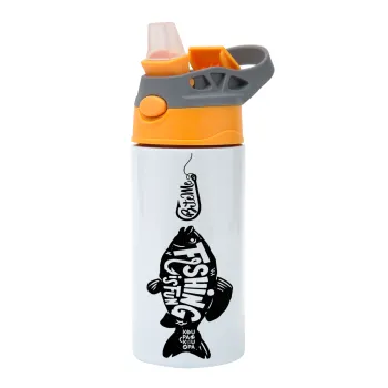 Fishing is fun, Παιδικό παγούρι θερμό, ανοξείδωτο, με καλαμάκι ασφαλείας, Πορτοκαλί/Γκρι (360ml) BPA-FREE