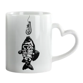 Fishing is fun, Κούπα καρδιά χερούλι λευκή, κεραμική, 330ml