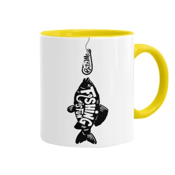 Fishing is fun, Κούπα χρωματιστή κίτρινη, κεραμική, 330ml