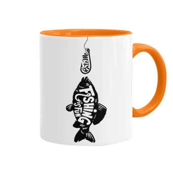 Fishing is fun, Κούπα χρωματιστή πορτοκαλί, κεραμική, 330ml