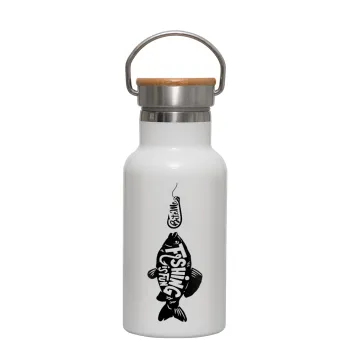 Fishing is fun, Metallic thermos (Stainless steel) White with wooden lid (bamboo), double-walled, 350ml